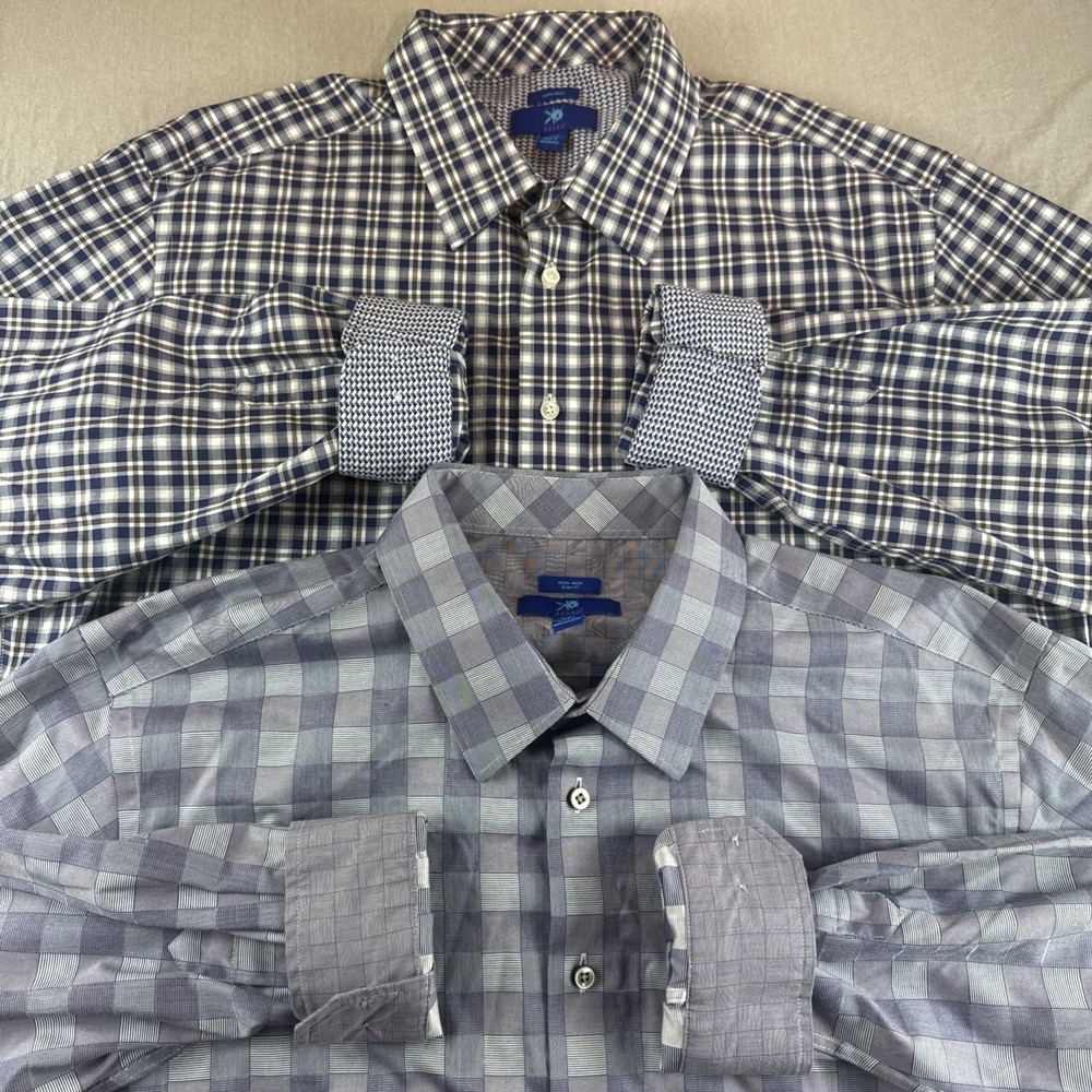 Egara Mens Shirt XXL Slim Fit Plaid Blue Long Sleeve Button Up Non Iron Lot of 2